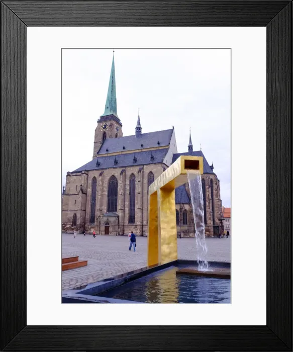 Framed Print : St. Bartholomews Cathedral and one of the three modern gold fountains, Republic Square Framed Print : St. Bartholomews Cathedral and one of the three modern gold fountains, Republic Square