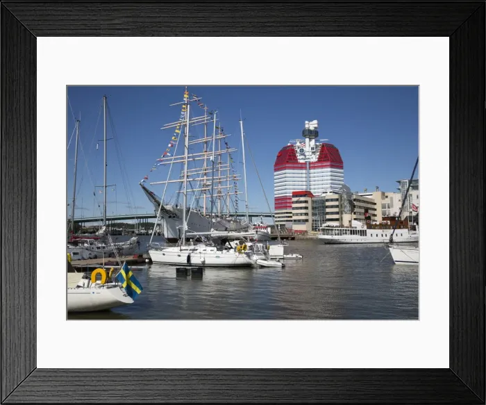 Framed Print : Lilla Bommen harbour with the Barken Viking ship and the Goteborgs-Utkiken building Framed Print : Lilla Bommen harbour with the Barken Viking ship and the Goteborgs-Utkiken building