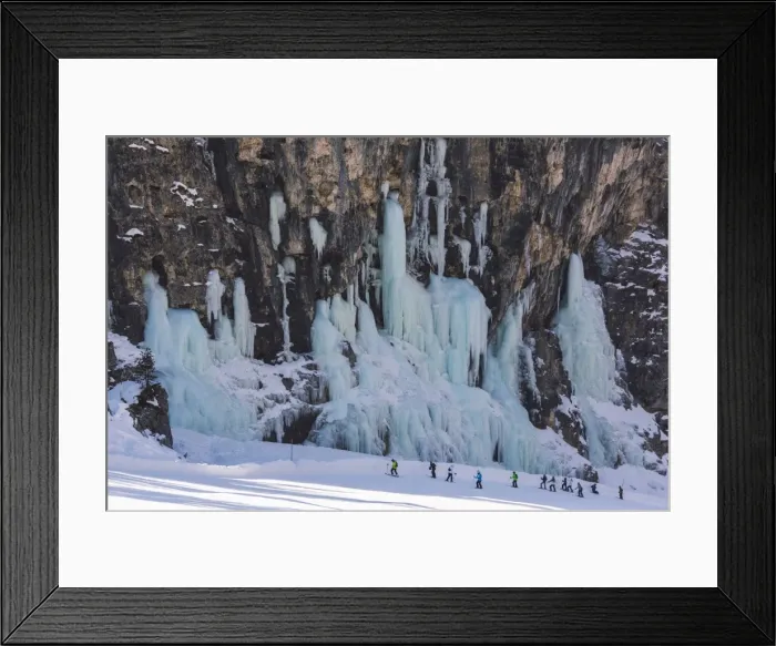 Framed Print : Skiers underneath the frozen waterfall, Hidden Valley ski area, Lagazuoi, Armentarola 101 Framed Print : Skiers underneath the frozen waterfall, Hidden Valley ski area, Lagazuoi, Armentarola 101