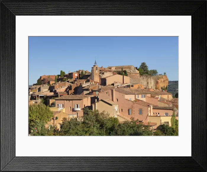 Framed Print : Sunrise over hilltop village of Roussillon, rocks of ochre, Provence, Provence-Alpes-Cote d Azur Framed Print : Sunrise over hilltop village of Roussillon, rocks of ochre, Provence, Provence-Alpes-Cote d Azur