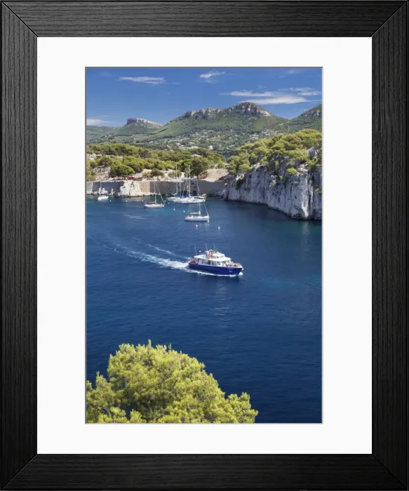 Framed Print : Excursion boat, Les Calanques de Port-Miou, National Park Calanque de Port-Pin, Cassis Framed Print : Excursion boat, Les Calanques de Port-Miou, National Park Calanque de Port-Pin, Cassis
