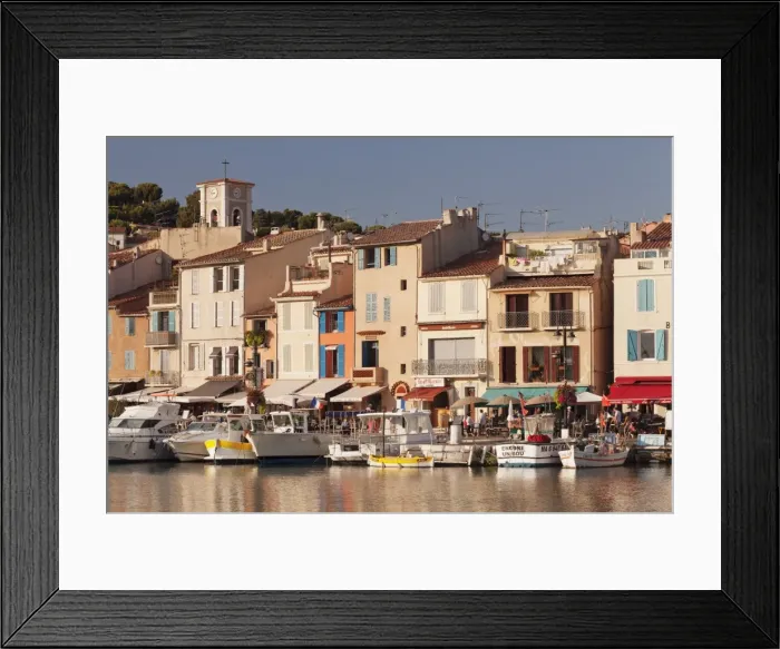Framed Print : Fishing boats in harbour and restaurants on the waterfront, tCassis, Provence, Provence-Alpes-Cote Framed Print : Fishing boats in harbour and restaurants on the waterfront, tCassis, Provence, Provence-Alpes-Cote