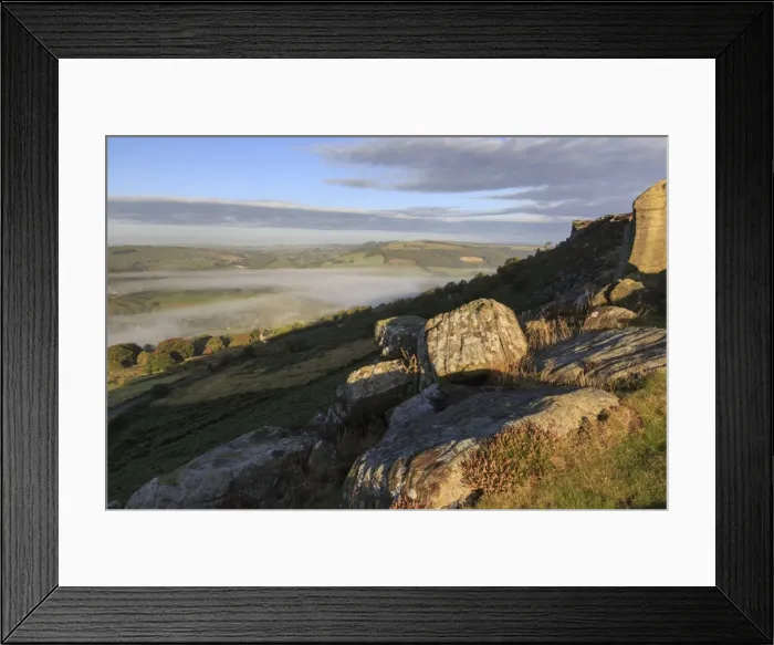 Framed Print : Mist clears from valley, fields and woods, from Curbar Edge at sunrise, autumn dawn Framed Print : Mist clears from valley, fields and woods, from Curbar Edge at sunrise, autumn dawn