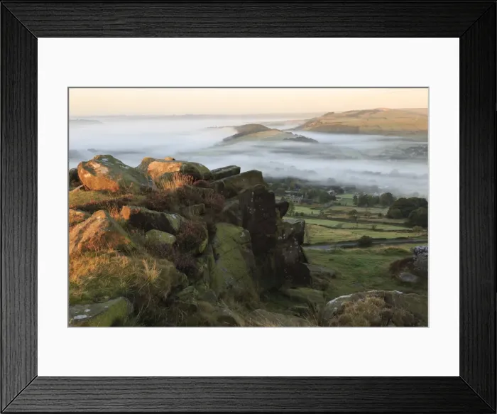 Framed Print : Mist folds over Curbar village, fields and woods from Curbar Edge with heather, autumn dawn Framed Print : Mist folds over Curbar village, fields and woods from Curbar Edge with heather, autumn dawn