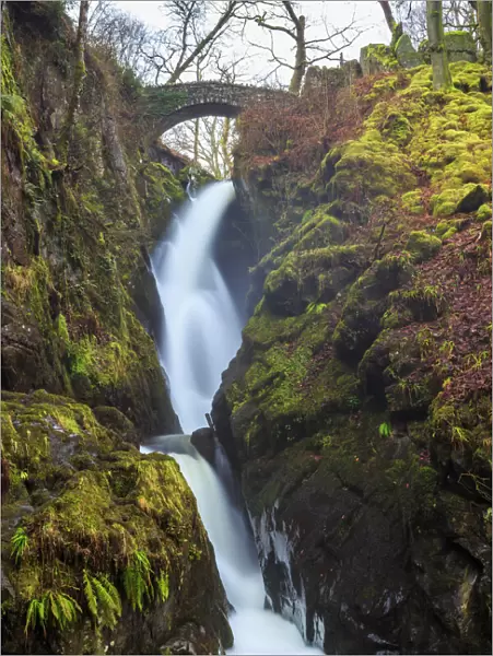 Aira Force waterfall in winter, near Dockray, Lake District National Park, Cumbria