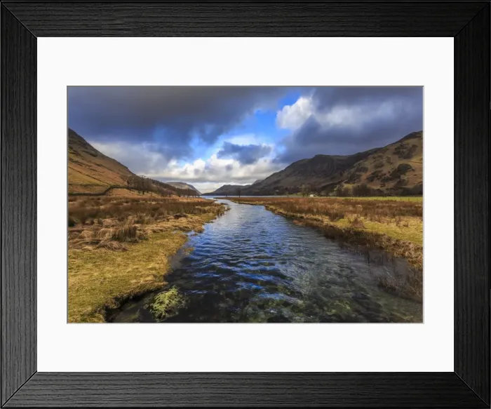 Framed Print : Warnscale Beck flows to Buttermere, from Peggys Bridge in winter, Lake District National Park Framed Print : Warnscale Beck flows to Buttermere, from Peggys Bridge in winter, Lake District National Park