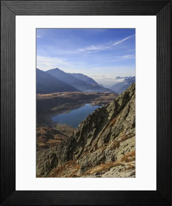 Framed Print : View of Lake Montespluga from Pizzo Della Casa, Chiavenna Valley, Spluga Valley, Valtellina Framed Print : View of Lake Montespluga from Pizzo Della Casa, Chiavenna Valley, Spluga Valley, Valtellina