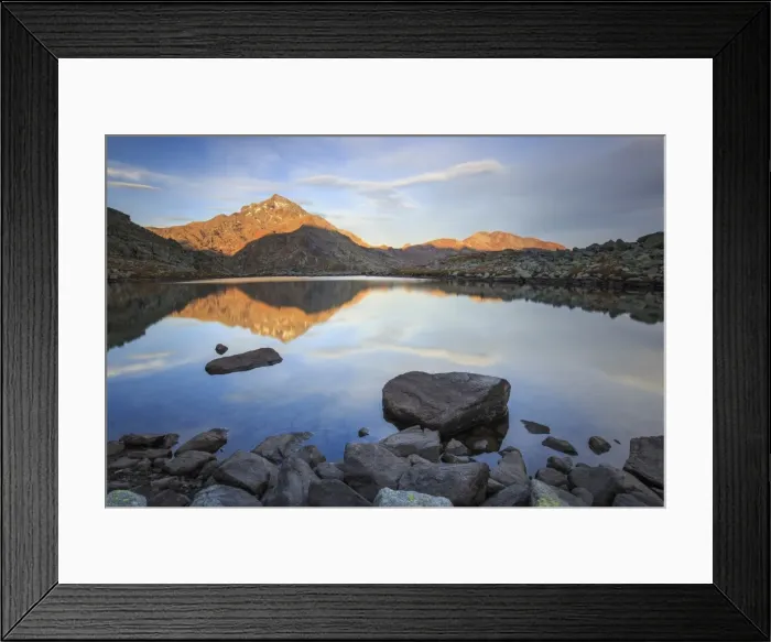 Framed Print : Peak Tambo reflected in Lake Bergsee at dawn, Chiavenna Valley, Spluga Valley, Switzerland Framed Print : Peak Tambo reflected in Lake Bergsee at dawn, Chiavenna Valley, Spluga Valley, Switzerland