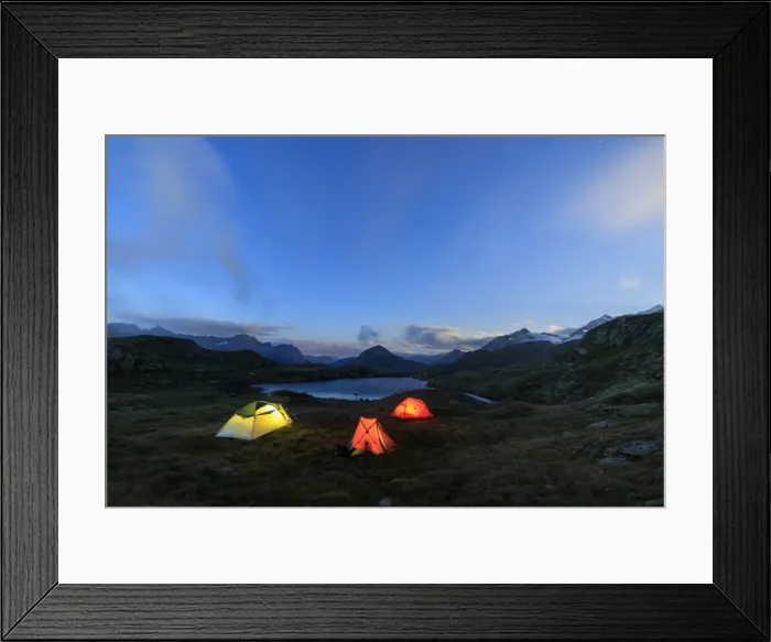 Framed Print : The soft lights of the tents light up dusk, Minor Valley, High Valtellina, Livigno Framed Print : The soft lights of the tents light up dusk, Minor Valley, High Valtellina, Livigno