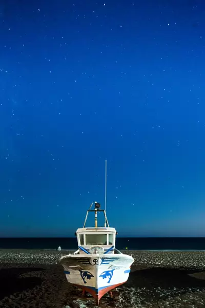 Fishing boat under the stars, Cabo de Gata, Andalusia, Spain, Europe