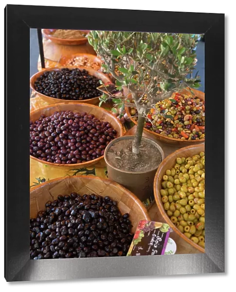 Fresh olives for sale at a street market in the historic Provence town of Eygalieres