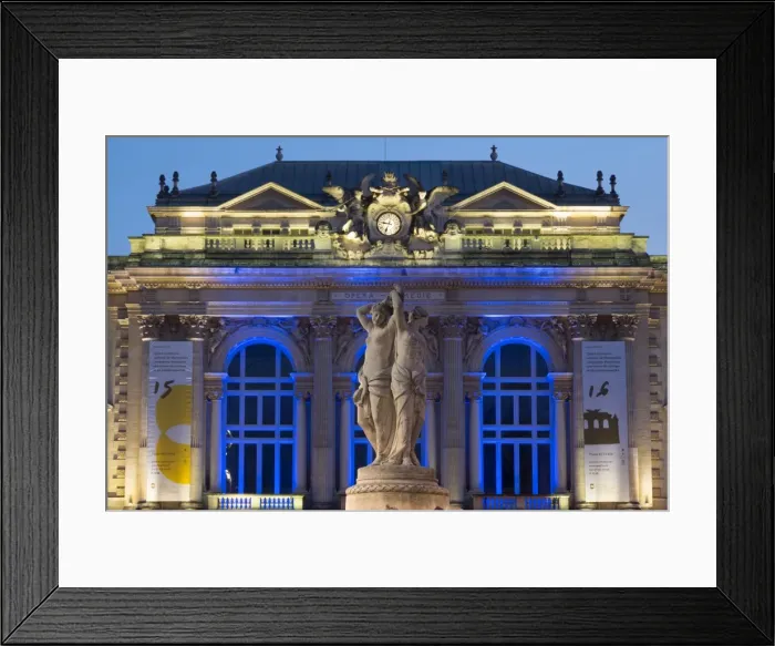 Framed Print : The Three Graces fountain and the Opera in Place de la Comedie in the city of Montpellier at night