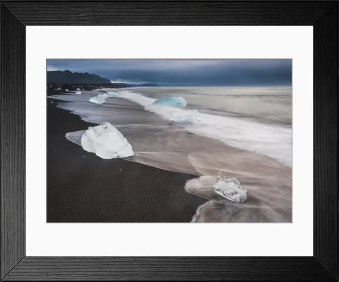 Framed Print : Icebergs at sunrise on Jokulsarlon Beach, a black volcanic sand beach in South East Iceland Framed Print : Icebergs at sunrise on Jokulsarlon Beach, a black volcanic sand beach in South East Iceland