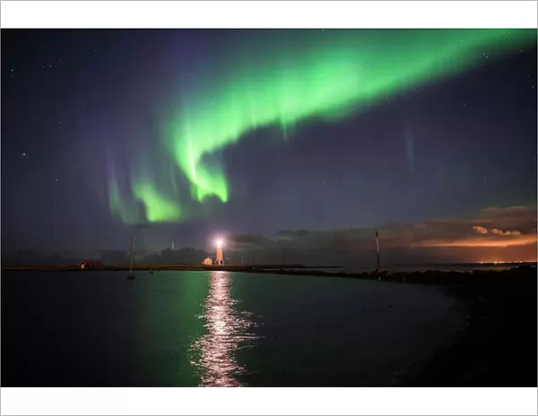 Northern Lights (Aurora Borealis) at Grotta Island Lighthouse, Seltjarnarnes Peninsula