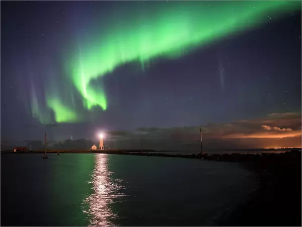 Northern Lights (Aurora Borealis) at Grotta Island Lighthouse, Seltjarnarnes Peninsula