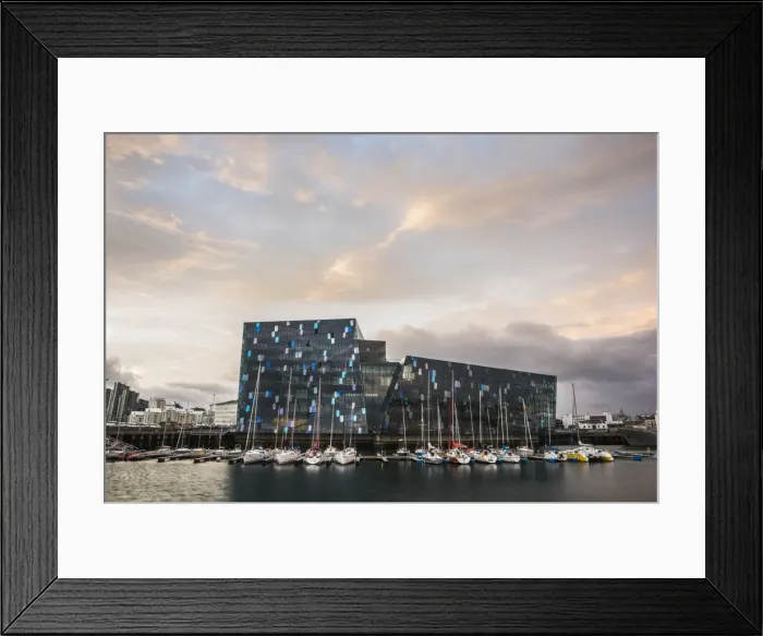 Framed Print : Harpa Concert Hall and Conference Centre and boats in Reykjavik Harbour at sunrise Framed Print : Harpa Concert Hall and Conference Centre and boats in Reykjavik Harbour at sunrise