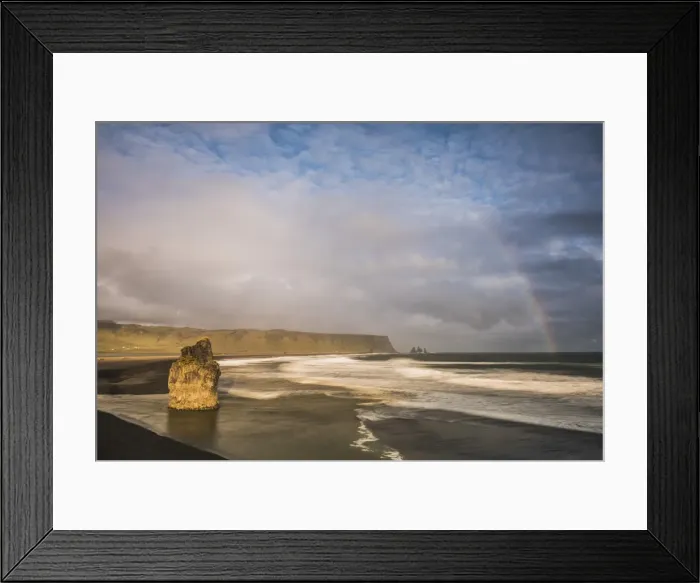 Framed Print : Reynisdrangar Basalt Sea Stacks and rainbow seen from Dyrholaey Peninsula at sunset Framed Print : Reynisdrangar Basalt Sea Stacks and rainbow seen from Dyrholaey Peninsula at sunset