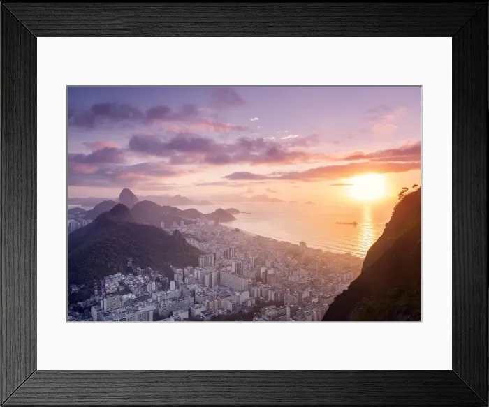 Framed Print : Dawn view of the Sugar Loaf, Sao Joao favela, Guanabara bay, the Atlantic and the mountains of Rio Framed Print : Dawn view of the Sugar Loaf, Sao Joao favela, Guanabara bay, the Atlantic and the mountains of Rio