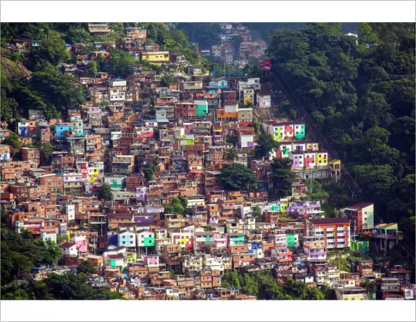 View of the Santa Marta favela (slum community) showing the funicular railway, Rio de Janeiro