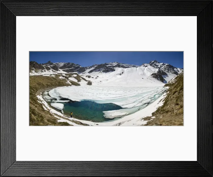 Framed Print : Photographer at Laj dal Teo where snow begins to melt due to spring thaw, Poschiavo Valley Framed Print : Photographer at Laj dal Teo where snow begins to melt due to spring thaw, Poschiavo Valley