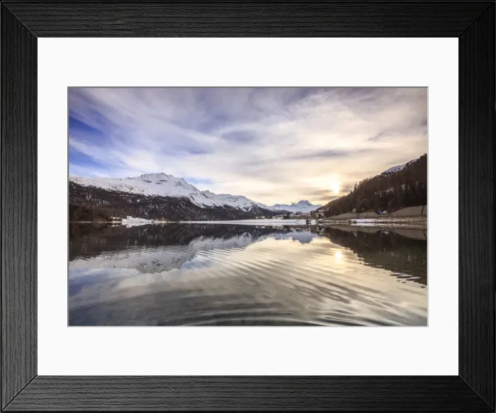 Framed Print : Snowy peaks and woods are reflected in Lake Silvaplana at sunset, Maloja, Canton of Graubunden Framed Print : Snowy peaks and woods are reflected in Lake Silvaplana at sunset, Maloja, Canton of Graubunden