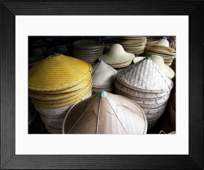 Framed Print : Burmese hats hand made from bamboo leaves and grasses, for sale in roadside market on Mandalay Road Framed Print : Burmese hats hand made from bamboo leaves and grasses, for sale in roadside market on Mandalay Road