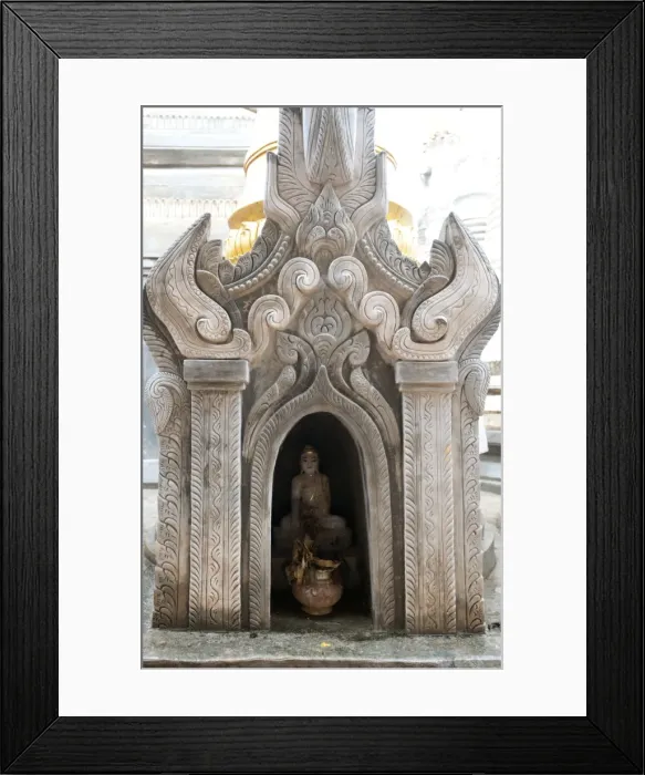 Framed Print : Buddha statue and water pot left by Buddhist devotee inside shrine at the Nyaung Oak monastery Framed Print : Buddha statue and water pot left by Buddhist devotee inside shrine at the Nyaung Oak monastery