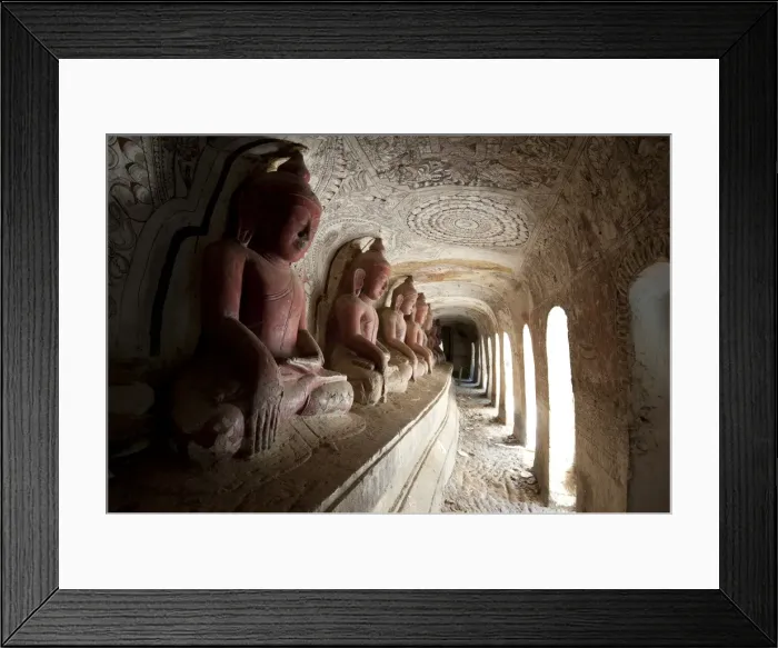 Framed Print : Buddha statues in one of the 947 Hpowindaung sandstone caves, 18th century paintings on the walls Framed Print : Buddha statues in one of the 947 Hpowindaung sandstone caves, 18th century paintings on the walls