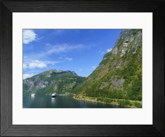 Framed Print : Cruiseships moored at the head of Geirangerfjord by the village of Geiranger, UNESCO Framed Print : Cruiseships moored at the head of Geirangerfjord by the village of Geiranger, UNESCO