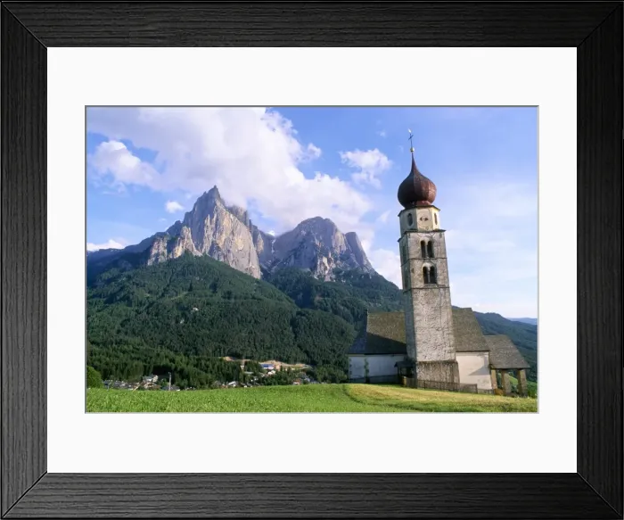 Framed Print : San Valentino Baroque church and peaks of Sciliar Framed Print : San Valentino Baroque church and peaks of Sciliar