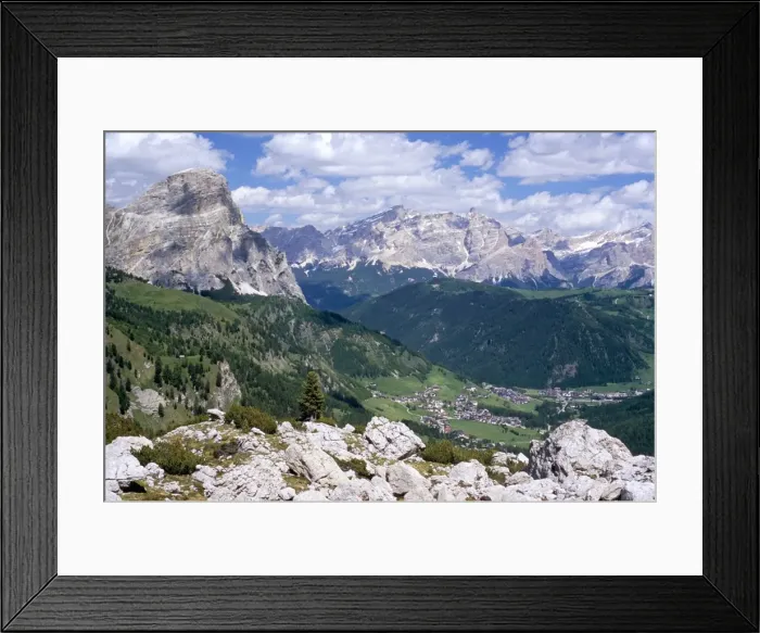 Framed Print : Valley east of Gardena Pass with villages of Colfosco Framed Print : Valley east of Gardena Pass with villages of Colfosco