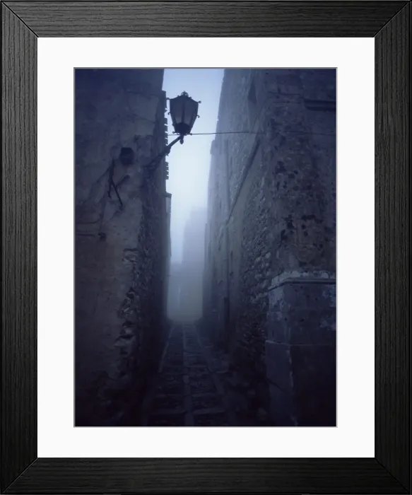 Framed Print : Narrow misty cobbled street Framed Print : Narrow misty cobbled street