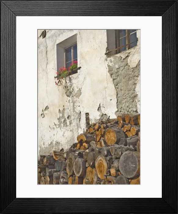 Framed Print : Kindling and geraniums against an old wall Framed Print : Kindling and geraniums against an old wall