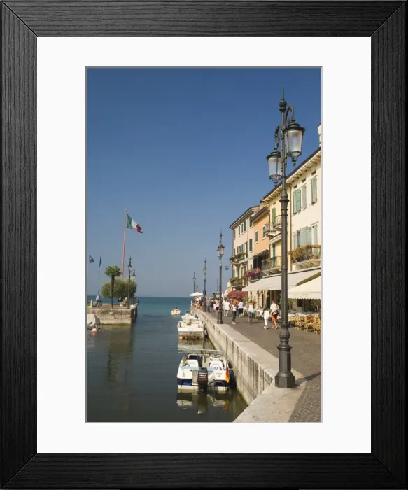 Framed Print : Harbour entrance and quayside cafes Framed Print : Harbour entrance and quayside cafes