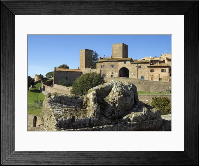 Framed Print : View of Tuscania from Bastianini Square and Etruscan sarcophagus Framed Print : View of Tuscania from Bastianini Square and Etruscan sarcophagus