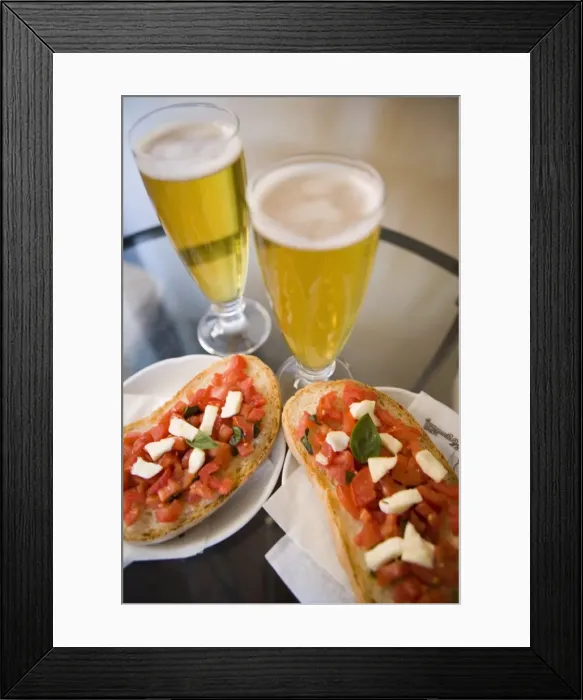 Framed Print : Snack of beer and bruschetta in cafe Framed Print : Snack of beer and bruschetta in cafe