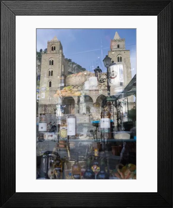 Framed Print : Reflection of Cathedral in shop window