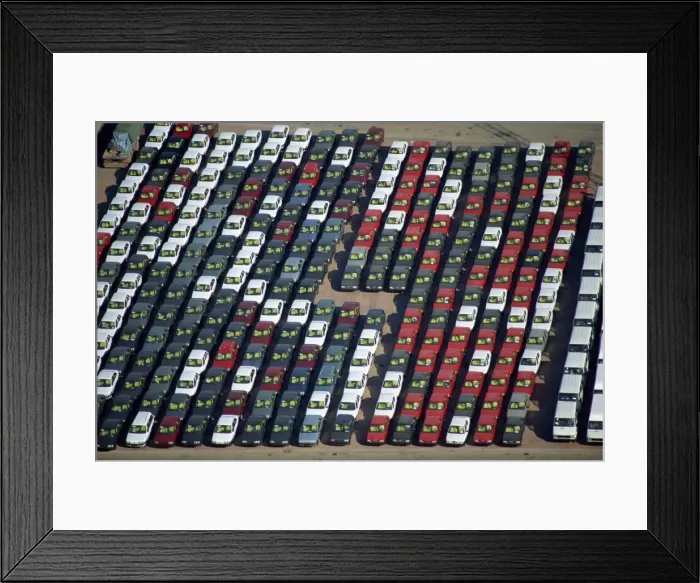 Framed Print : Aerial of cars lined up on the docks at the port of