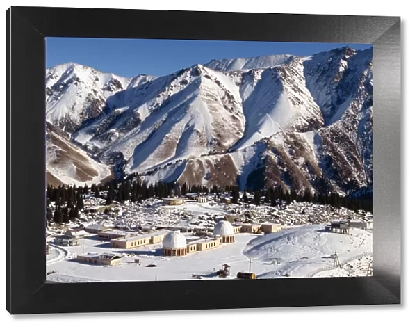 Astronomical station in snow covered landscape at Almaty