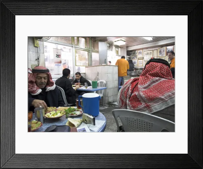 Framed Print : Men in keffiyeh eating traditional humus in Hashem restaurant Framed Print : Men in keffiyeh eating traditional humus in Hashem restaurant