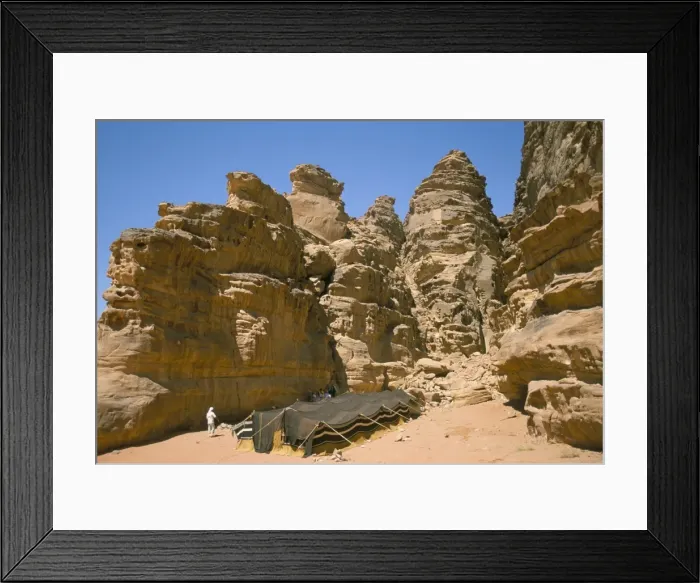 Framed Print : Bedouin tent and rocks of the desert