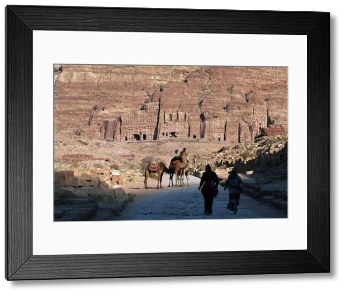 Framed Print : Camels in front of rock cut tombs at Nabatean archaeological site Framed Print : Camels in front of rock cut tombs at Nabatean archaeological site