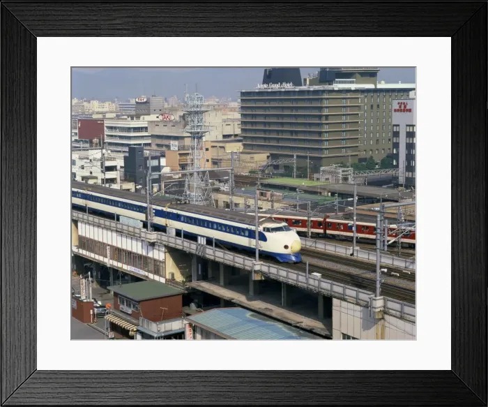 Framed Print : The bullet train passing the Grand Hotel in Kyoto Framed Print : The bullet train passing the Grand Hotel in Kyoto