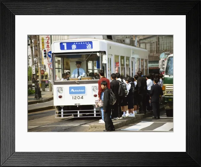 Framed Print : Students boarding a bus in Nagasaki Framed Print : Students boarding a bus in Nagasaki