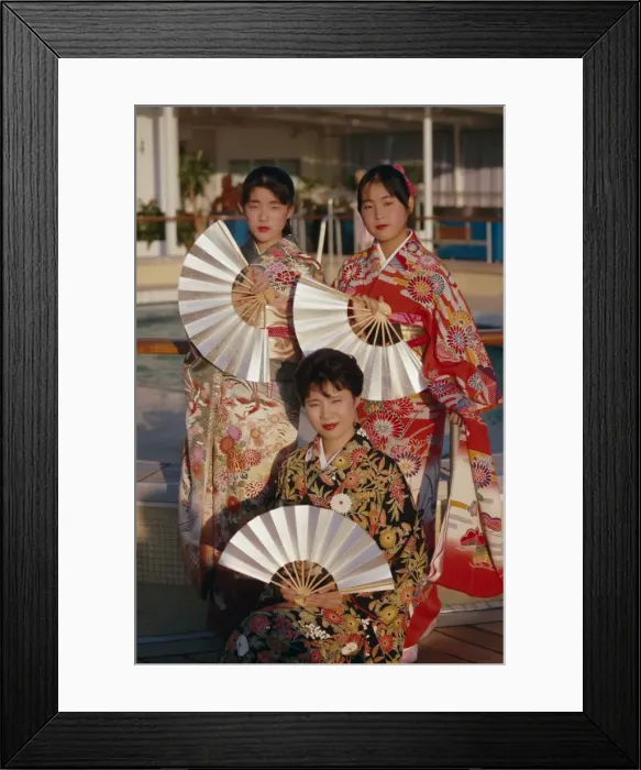 Framed Print : Portrait of three young women in traditional kimonos holding fans Framed Print : Portrait of three young women in traditional kimonos holding fans