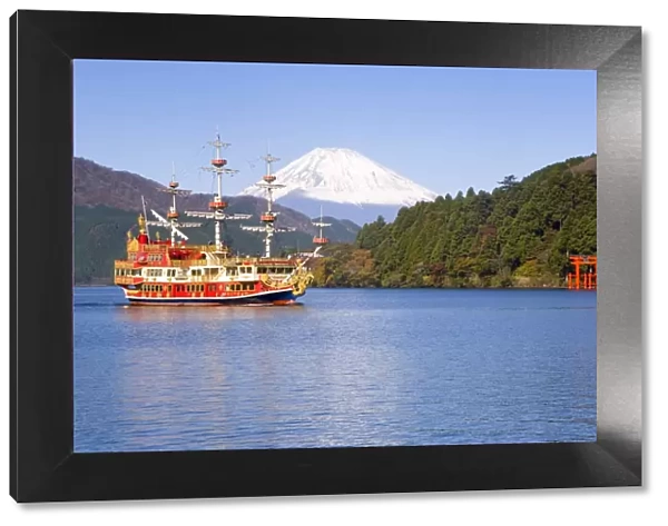 Tourist pleasure boat on lake Ashino-ko with the red