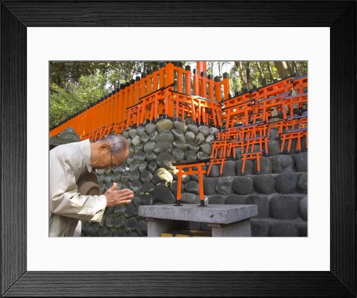 Framed Print : Pilgrim praying at altar with miniature orange toriis in background Framed Print : Pilgrim praying at altar with miniature orange toriis in background