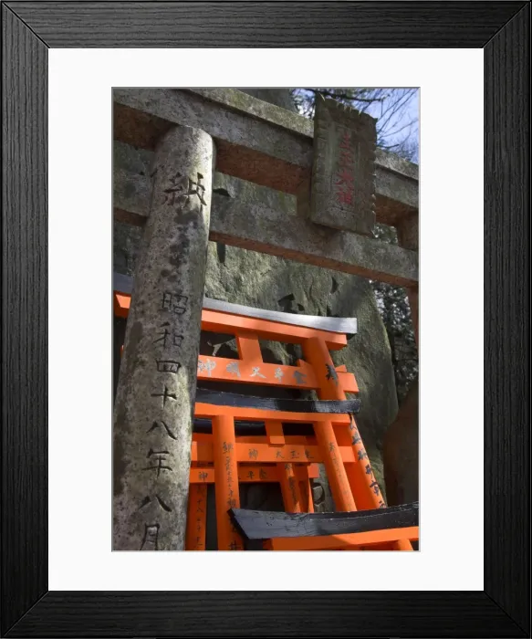 Framed Print : Close up of orange wooden toriis and stone toriis Framed Print : Close up of orange wooden toriis and stone toriis
