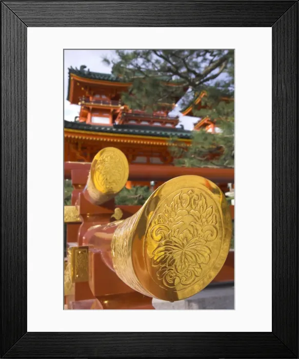 Framed Print : Close up of traditional painted wooden fence with temple Framed Print : Close up of traditional painted wooden fence with temple