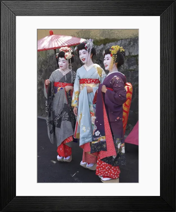 Framed Print : Three geishas in traditional dress posing together Framed Print : Three geishas in traditional dress posing together